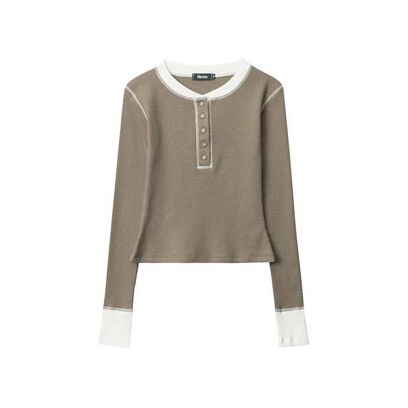 Chic Sweet Style Slim Fit Short False Two piece Patchwork Top Khaki - Shop at LoveMi