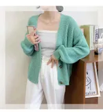 V-neck Loose And Lazy Style Base Knitting Cardigan Women's Top - Bean Green