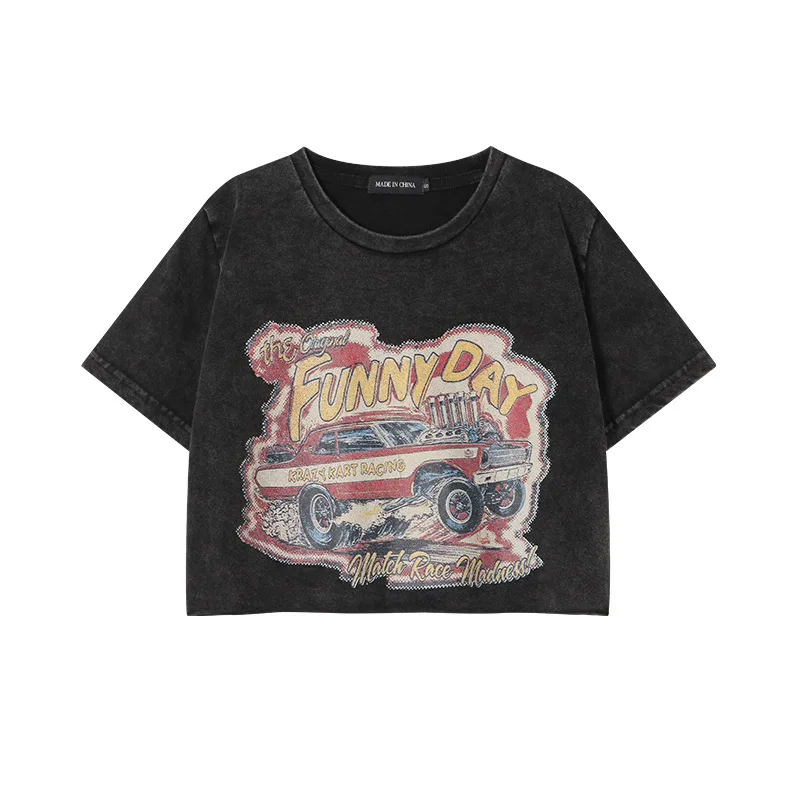 Retro Distressed Printed Short Sleeve Round Neck Shoulder Width Loose - Black, Short Sleeve