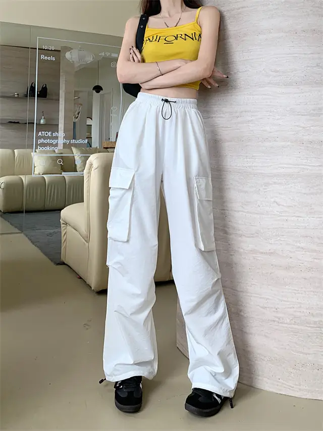 Workwear Pants Women's Thin High Waist Wide Leg Trousers White - Shop at LoveMi