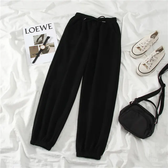 Fleece lined Outer Wear Straight leg Ankle banded Pants Black Thin - Shop at LoveMi