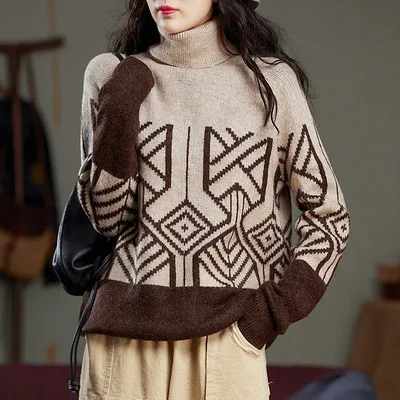Women's Three dimensional Jacquard Turtleneck Sweater Apricot - Shop at LoveMi
