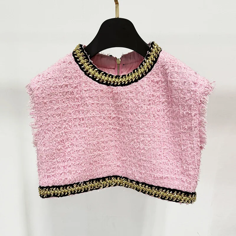 European And American Short Sleeveless Vest Top Heavy Industry Chain Decoration Tweed Skirt - Clothes