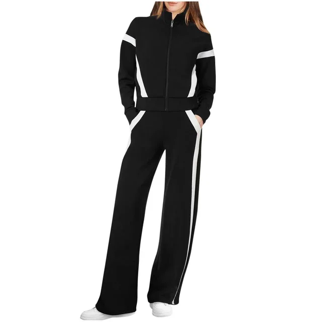 Stand Collar Long Sleeve Stitching Women's Sweater Suit Black - Shop at LoveMi