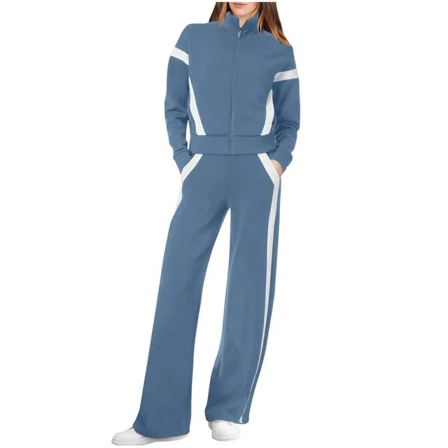 Stand Collar Long Sleeve Stitching Women's Sweater Suit Blue - Shop at LoveMi