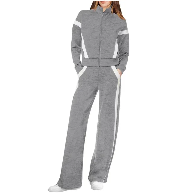 Stand Collar Long Sleeve Stitching Women's Sweater Suit Gray - Shop at LoveMi