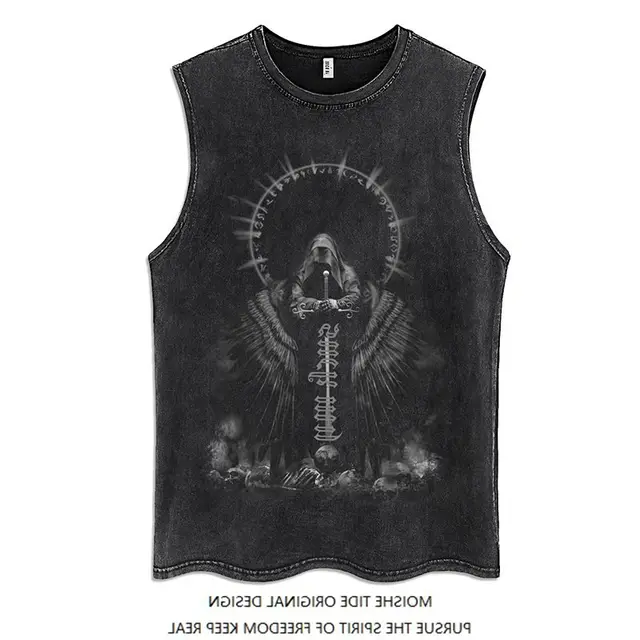 Retro Goth Washed Printed Sleeveless Vest Men's Summer Loose Fashion Brand High Street Sports T shirt Couple Black - Shop at LoveMi