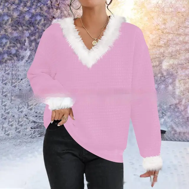 Autumn And Winter New Furry V neck Solid Color Long Sleeve Sweater Top Women Pink - Shop at LoveMi
