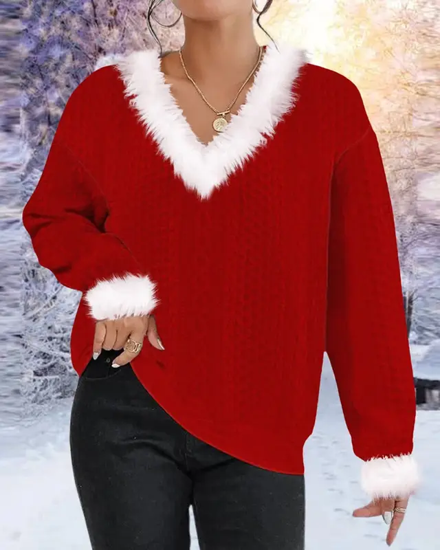 Autumn And Winter New Furry V neck Solid Color Long Sleeve Sweater Top Women Red - Shop at LoveMi