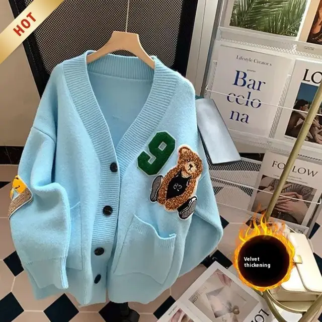 College Style All matching Youthful looking Knitted Cardigan Blue, Fleece Lining - Shop at LoveMi