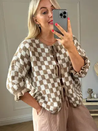 Women's Plaid Rope Long-sleeved Sweater - Khaki