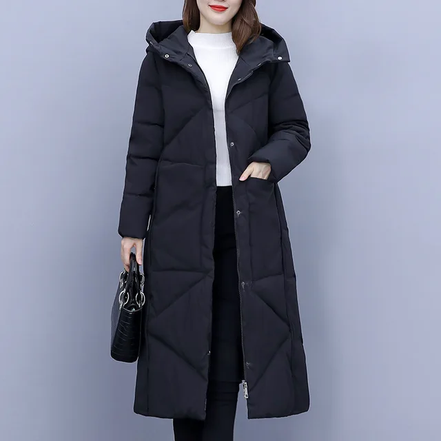 Female Loose Over Knee Hooded Cotton Jacket Black - Shop at LoveMi