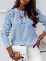 Pure Color Jacquard Hollow Out Stitching Round Neck Elegant Sweater - Light Blue