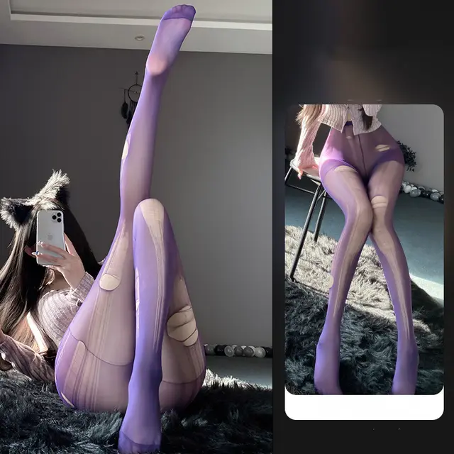 Women's Hand Tear Hollow out Ripped High Waist Pantyhose Purple - Shop at LoveMi