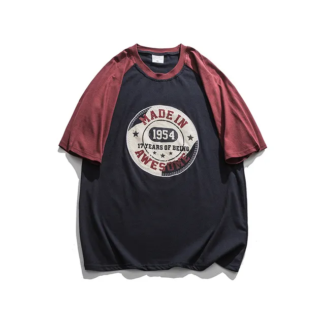 Contrast Color Raglan Couple Short sleeved T shirt Men Sapphire Blue - Shop at LoveMi