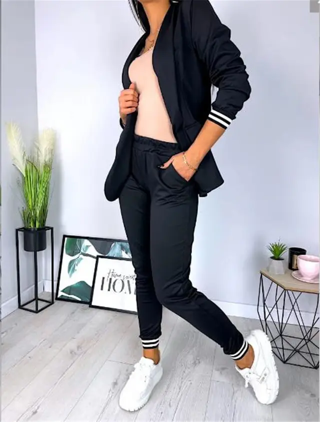Casual Solid Color Long Sleeve Suit Trousers Two piece Set Black - Shop at LoveMi