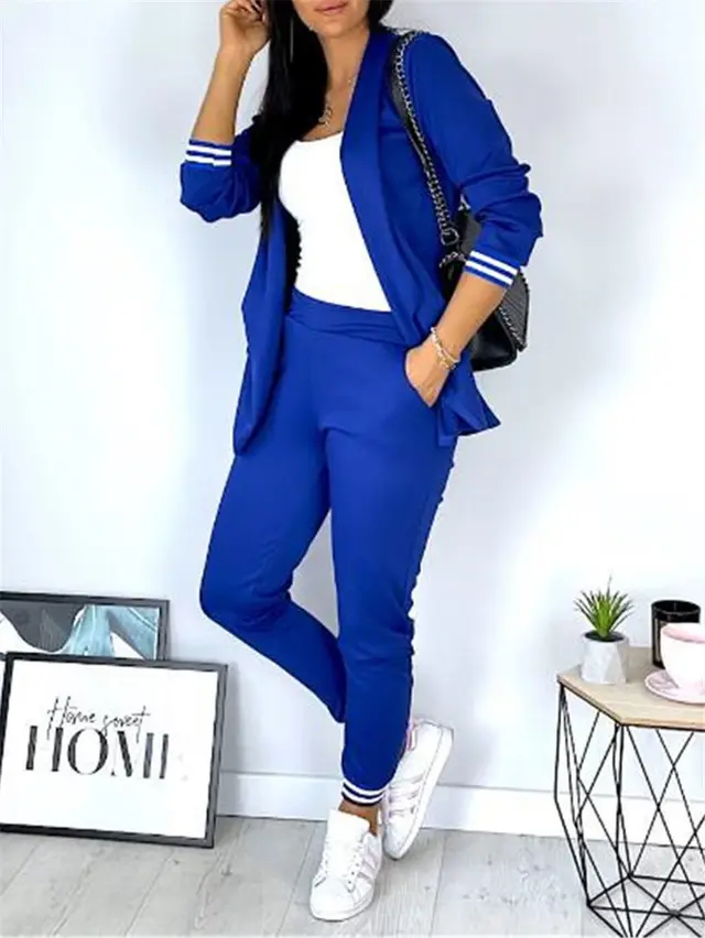 Casual Solid Color Long Sleeve Suit Trousers Two piece Set Sapphire Blue - Shop at LoveMi