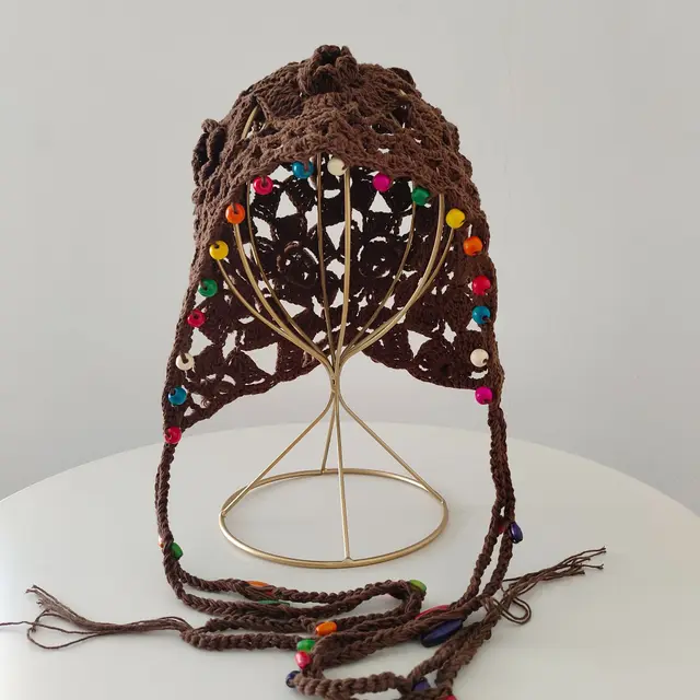 Flower Tassel Knitted Hat Pure Cotton Handmade Colorful Beads Retro Hollow Khaki - Shop at LoveMi