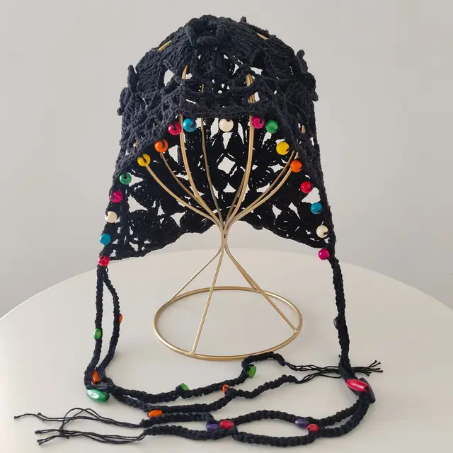 Flower Tassel Knitted Hat Pure Cotton Handmade Colorful Beads Retro Hollow Navy Blue - Shop at LoveMi