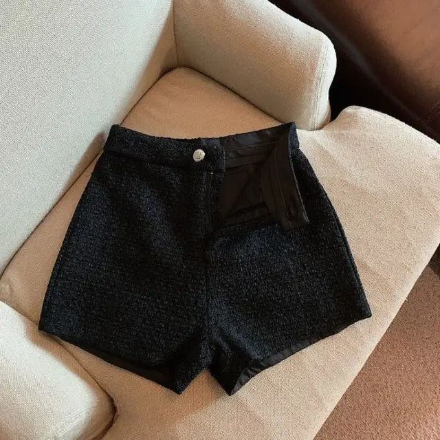 Elegant Tweed Loose High Waist Wide Leg Shorts For Women Black - Shop at LoveMi