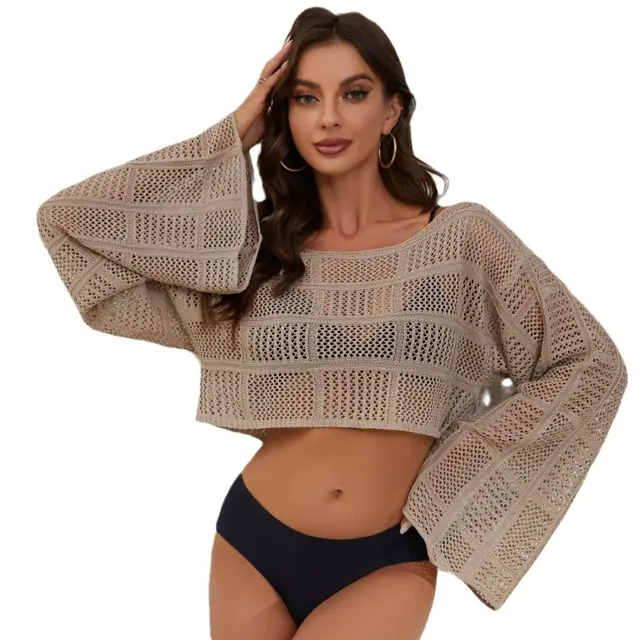 Beach Knitted Hollowed Fashion Bikini Swimsuit Blouse Khaki - Shop at LoveMi
