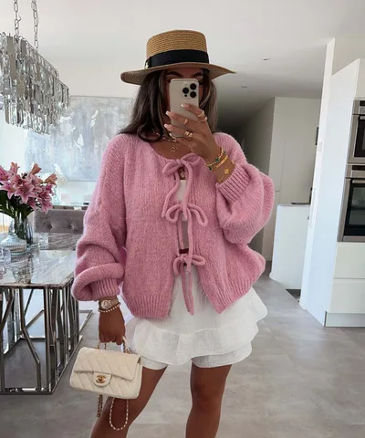 Casual Knitted Bow Lace Up Cardigan Women Solid O neck Short Sleeve Hollow Out Sweater Female Autumn Lady Solid Streetwear Pink - Shop at LoveMi