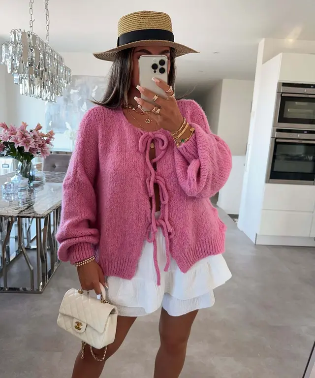 Casual Knitted Bow Lace Up Cardigan Women Solid O neck Short Sleeve Hollow Out Sweater Female Autumn Lady Solid Streetwear Rose Pink - Shop at LoveMi
