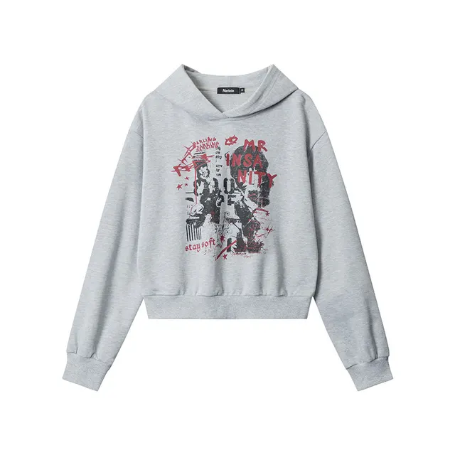 Letter Printed Hoodie Women's Retro Hooded Short Gray - Shop at LoveMi