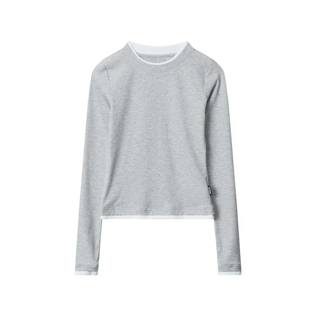 American Fake Two piece Color block Crew Neck Long Sleeve Light Flower Gray - Shop at LoveMi