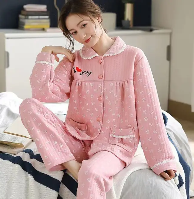 Women's Thick Warm 100 Cotton Pajamas Cardigan 5501 - Shop at LoveMi