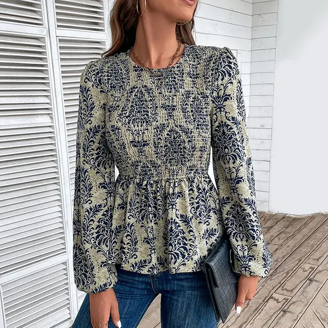 Women's Top Smocking Slim Fit Round Neck Long Sleeves Printed Dark Blue - Shop at LoveMi