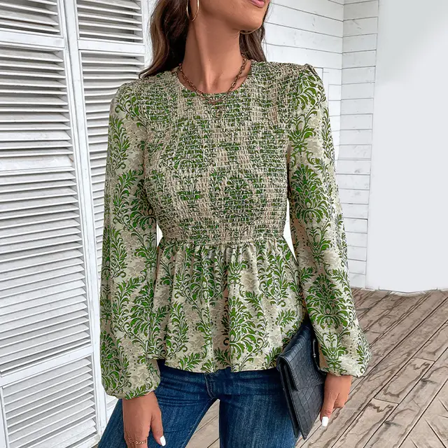 Women's Top Smocking Slim Fit Round Neck Long Sleeves Printed Green - Shop at LoveMi