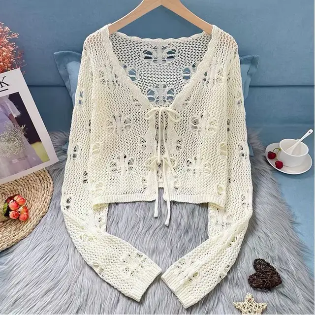 Hollow out Women's Spring And Summer Thin Lace up Crocheted Knitted Short Cape Beige Cardigan - Shop at LoveMi
