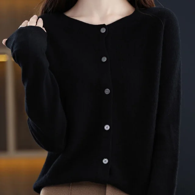 Fashion Merino Wool Cardigan Sweater Women O Neck Long sleeve Cashmere Knitwear Spring Autumn Female Clothing Tops Black - Shop at LoveMi