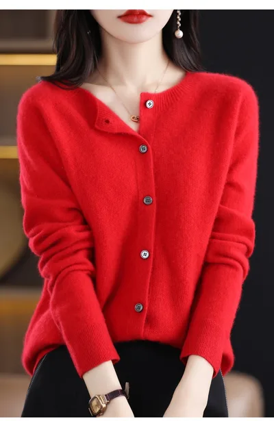 Fashion Merino Wool Cardigan Sweater Women O Neck Long sleeve Cashmere Knitwear Spring Autumn Female Clothing Tops Cherry Red - Shop at LoveMi