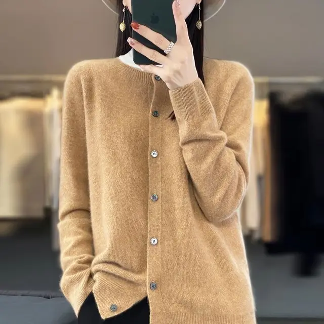 Fashion Merino Wool Cardigan Sweater Women O Neck Long sleeve Cashmere Knitwear Spring Autumn Female Clothing Tops Golden Camel - Shop at LoveMi