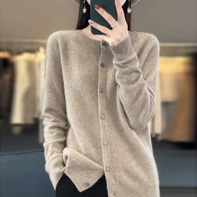 Fashion Merino Wool Cardigan Sweater Women O Neck Long sleeve Cashmere Knitwear Spring Autumn Female Clothing Tops Purple Cashmere - Shop at LoveMi