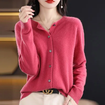 Fashion Merino Wool Cardigan Sweater Women O Neck Long sleeve Cashmere Knitwear Spring Autumn Female Clothing Tops Raspberry Powder M - Shop at LoveMi