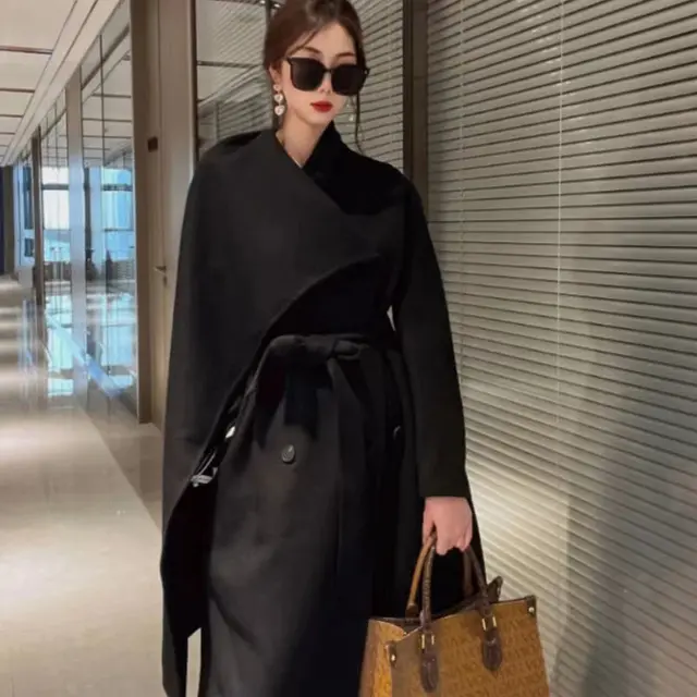 Women's Double sided Cashmere Coat With Scarf Elegant Woolen Overcoat Black - Shop at LoveMi