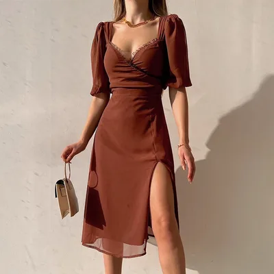 Female Slit Fashionable French Low Cut Dress Brown - Shop at LoveMi