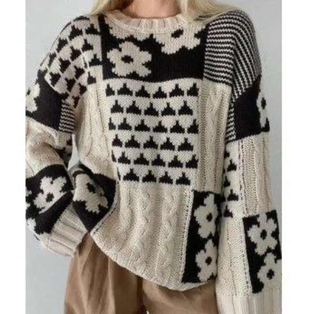 Square Flower Casual Loose Round Neck Pullover Sweater Apricot - Shop at LoveMi