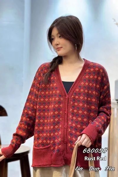 Artistic Retro Loose V neck Floral Cotton Sweater Rust Red - Shop at LoveMi