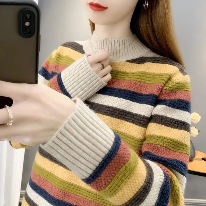 Mock neck Stripes Sweater For Women Khaki - Shop at LoveMi