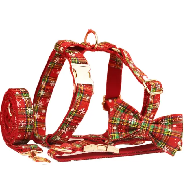 Red Background Snowflake Christmas Pet Collar Plaid Dog Rope Leash Suit Fashion Bowknot Flowers Fourpiece Set - Shop at LoveMi
