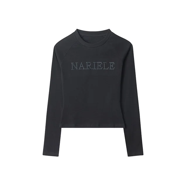 European And American Style Round Neck Letter Embroidery Design Casual All matching Tops Black - Shop at LoveMi
