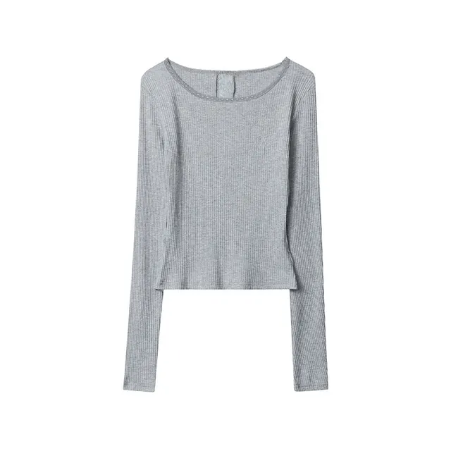 Round Neck Long Sleeve Top Striped Lace Design Thin Slim Fit Flower Gray - Shop at LoveMi