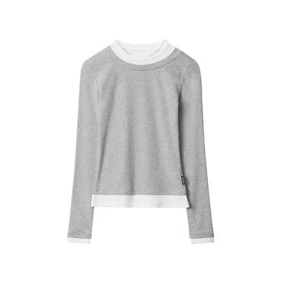 American Style Contrast Color Matching Round Neck Long Sleeve Flower Gray - Shop at LoveMi