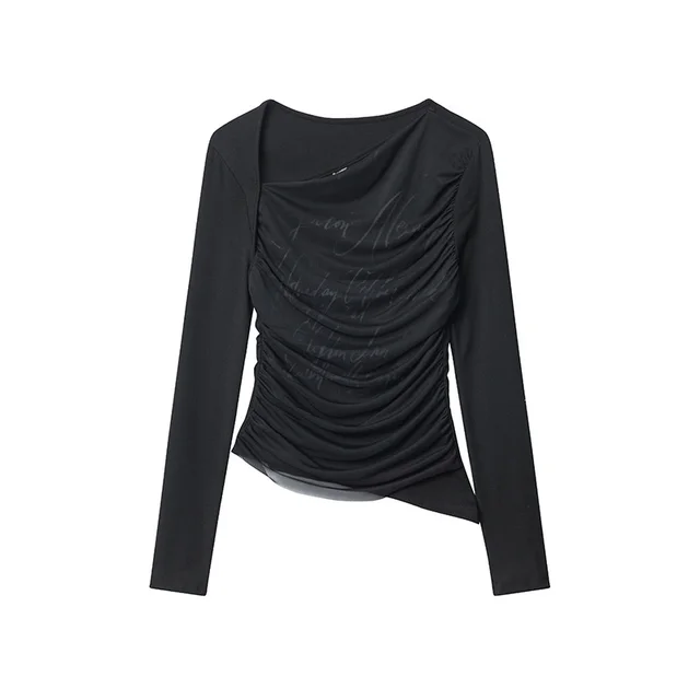 Women's Long sleeved T shirt With Oblique Neckline Design Solid Color Slim Bottoming Shirt Black - Shop at LoveMi