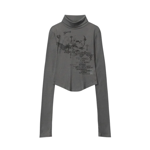 American style Early Autumn Skull Letter Printed Turtleneck Top Gray - Shop at LoveMi