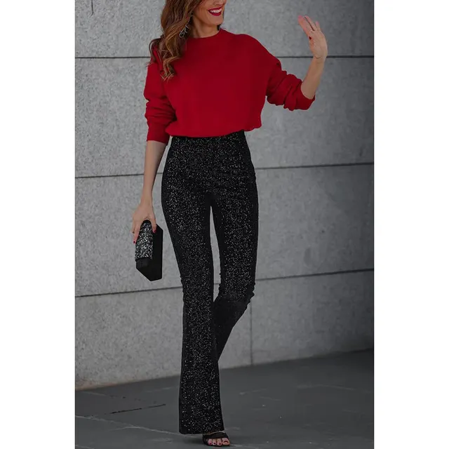 European And American Sequins Elastic Waist Slim Elastic Bell bottom Pants Black - Shop at LoveMi